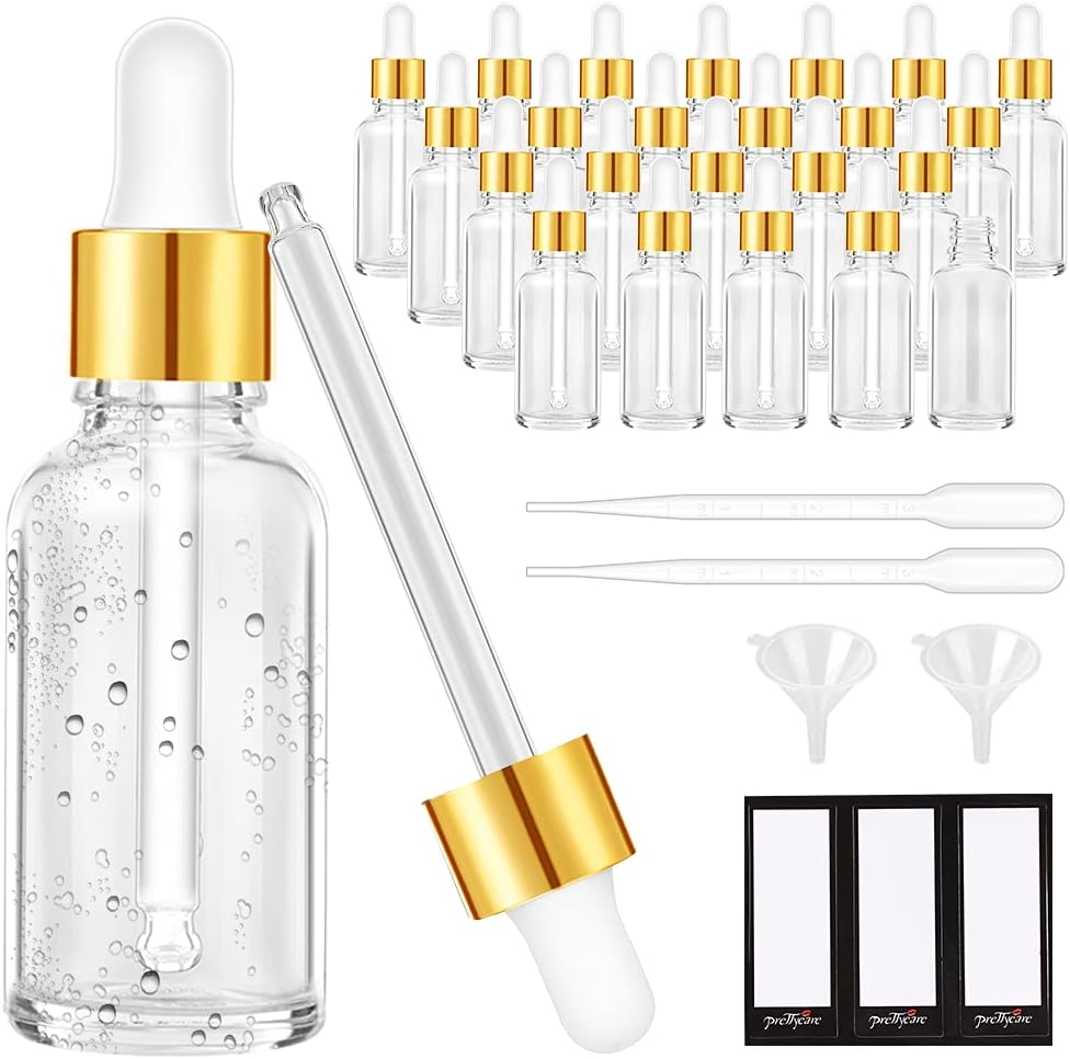 PrettyCare Glass Eye Dropper Bottles 24 Pack, 1oz (30ml) Clear Empty Thick Bottles Bulk with Leakproof Golden Caps - With Labels & Funnels for Storage, Travel, Essential Oils, Cuticle Oils, Tinctures