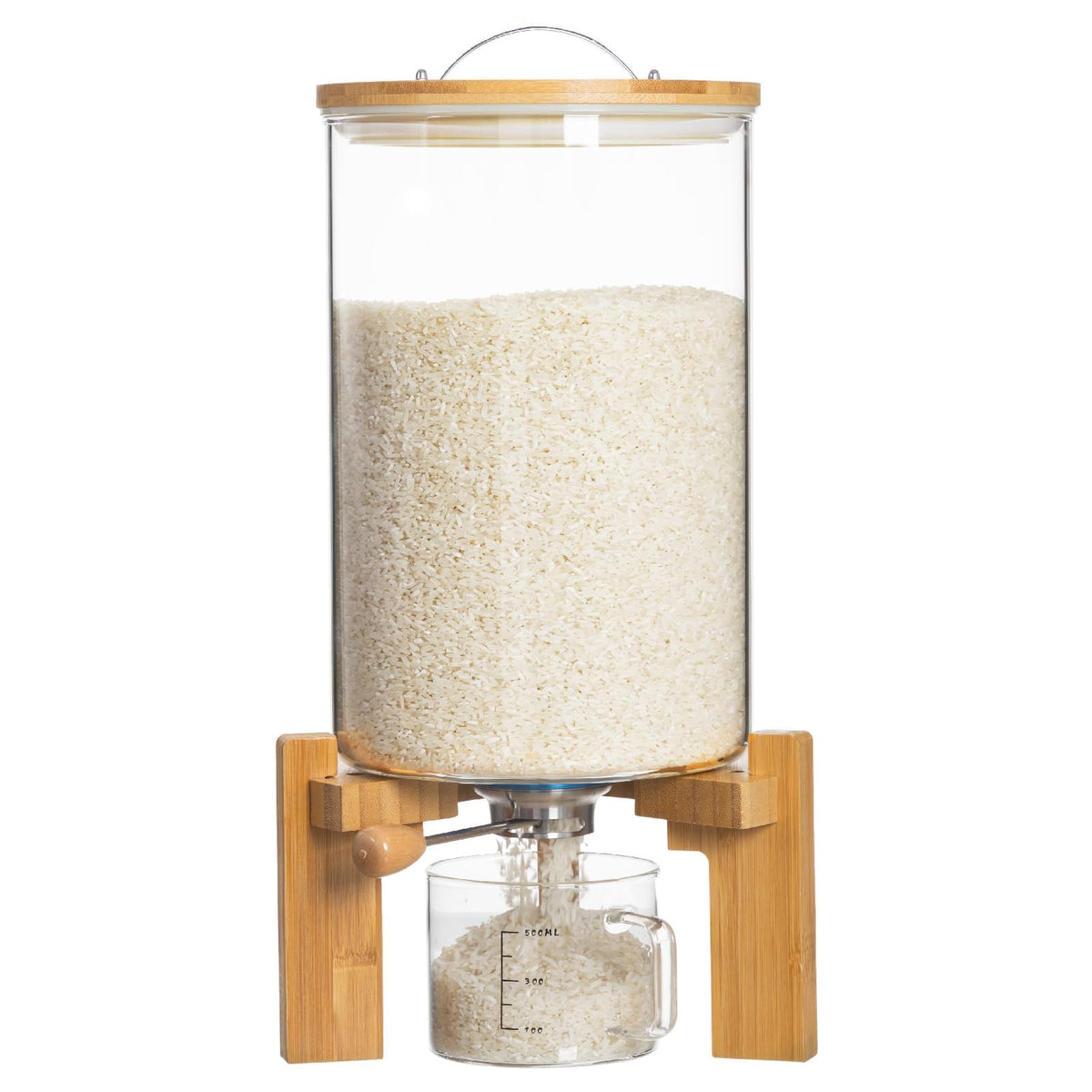 HBlife 8-10 Lbs Glass Rice Dispenser with Wooden Stand Flour and Cereal Container with Glass Measuring Cup Pantry Food Organization Storage Bin with Airtight Bamboo Lid, 5L