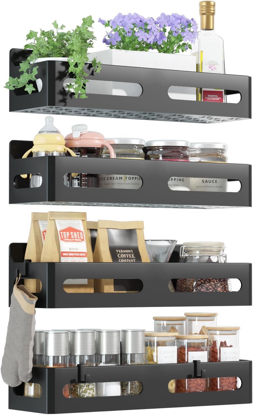 Sevenblue 4-Pack Magnetic Spice Rack for Refrigerator with Hooks, Black