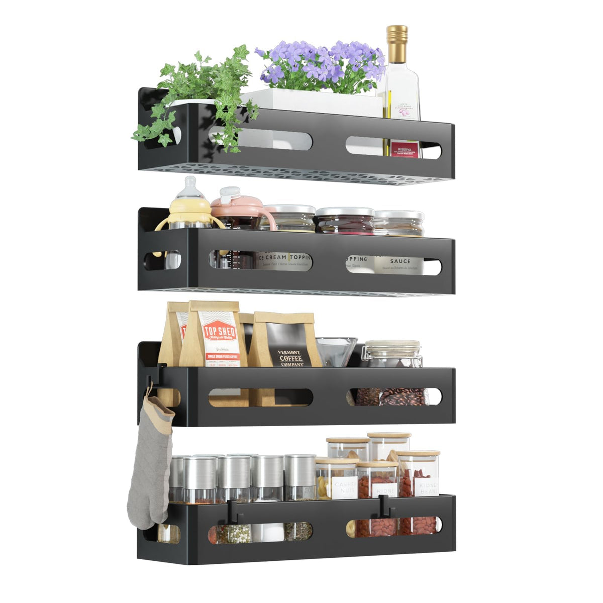 Sevenblue 4-Pack Magnetic Spice Rack for Refrigerator with Hooks, Black