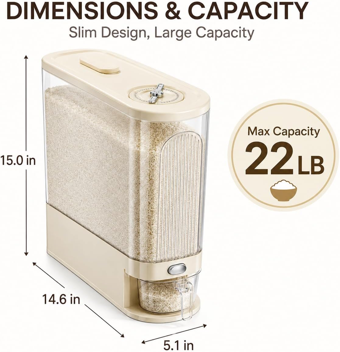 UFORU Rice Dispenser 22LB,Large Rice Storage Container with Measuring Cup