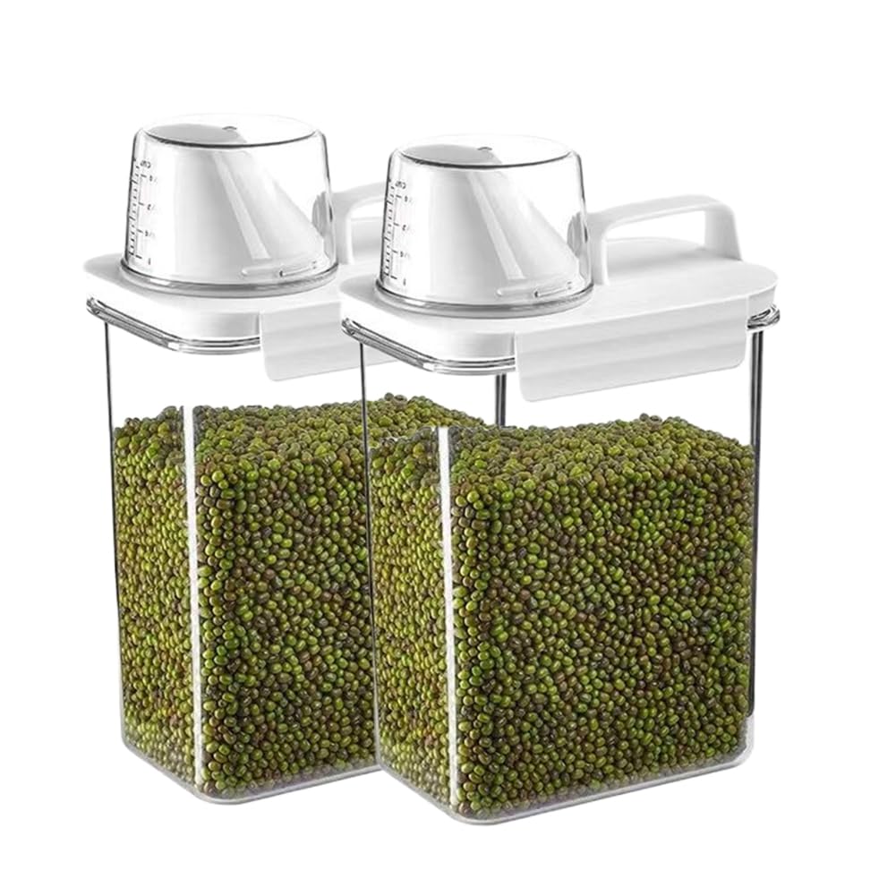 2Pcs Rice Dispenser Storage Containers, 1.1L Small Rice Bucket with Measuring Cup & Pour Spout, Kitchen Plastic Airtight Container for Cereal, Grain, Flour, Sugar, Oatmeal, Dry Pet Dog Food