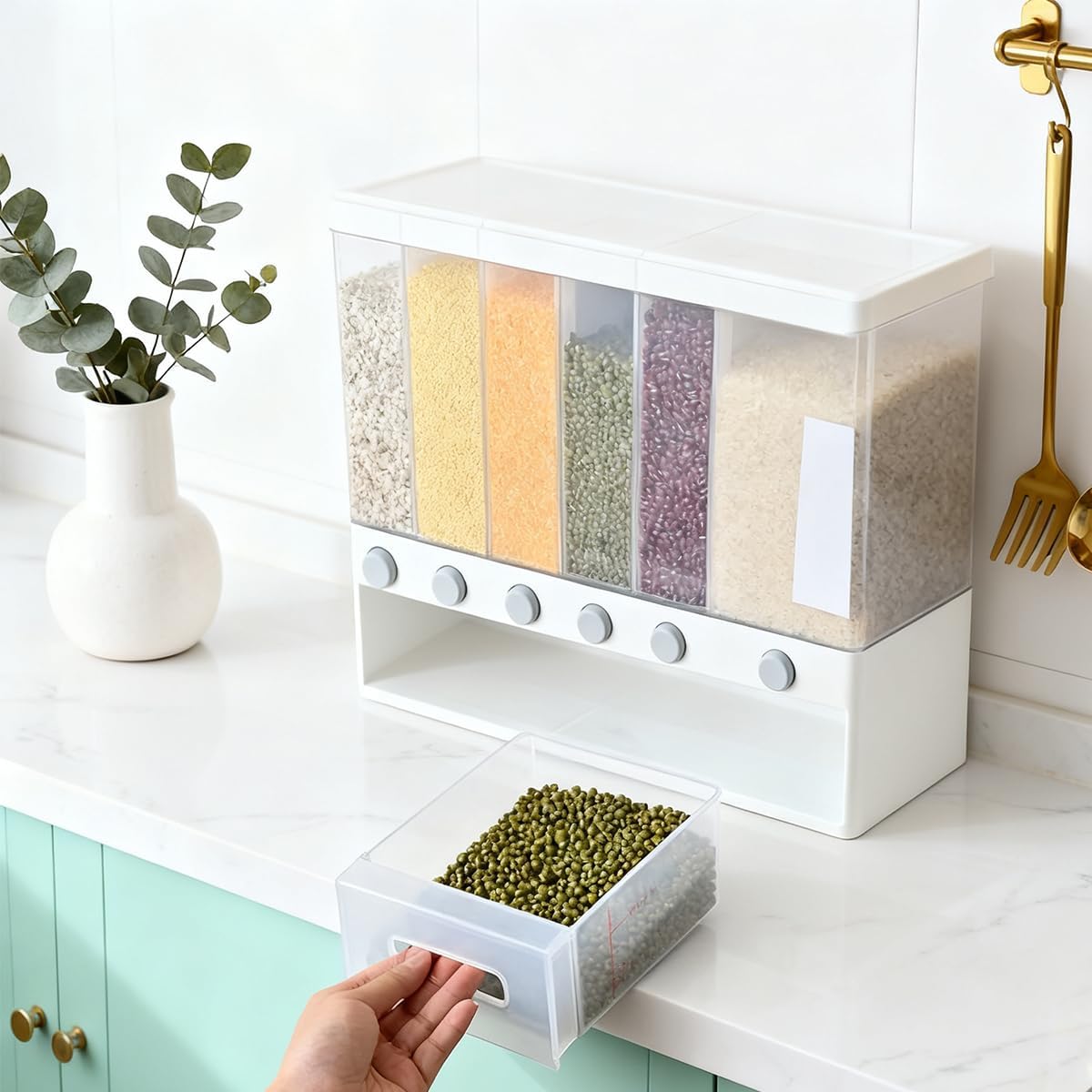 Countertop Rice Dispenser, One Press Grain Storage Container, Transparent Airtight Dry Food Organizer for Rice Beans Cereal Nuts Coffee Beans, Kitchen Pantry Storage Canister