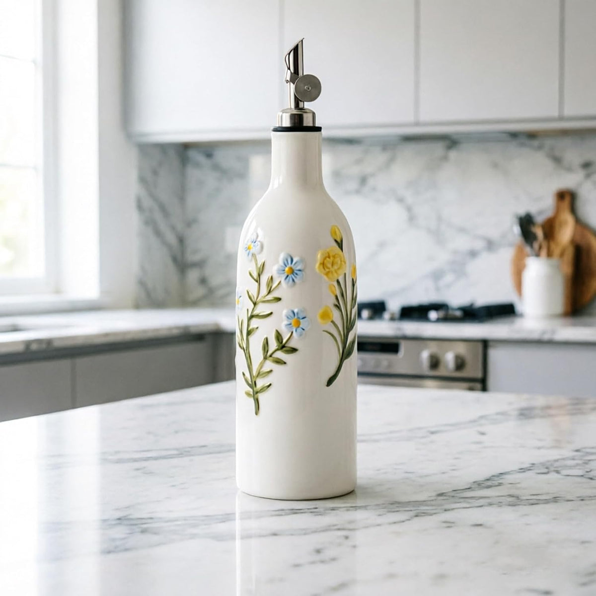 Ceramic Olive Oil Dispenser Bottle with Spout, 18 OZ, Flower
