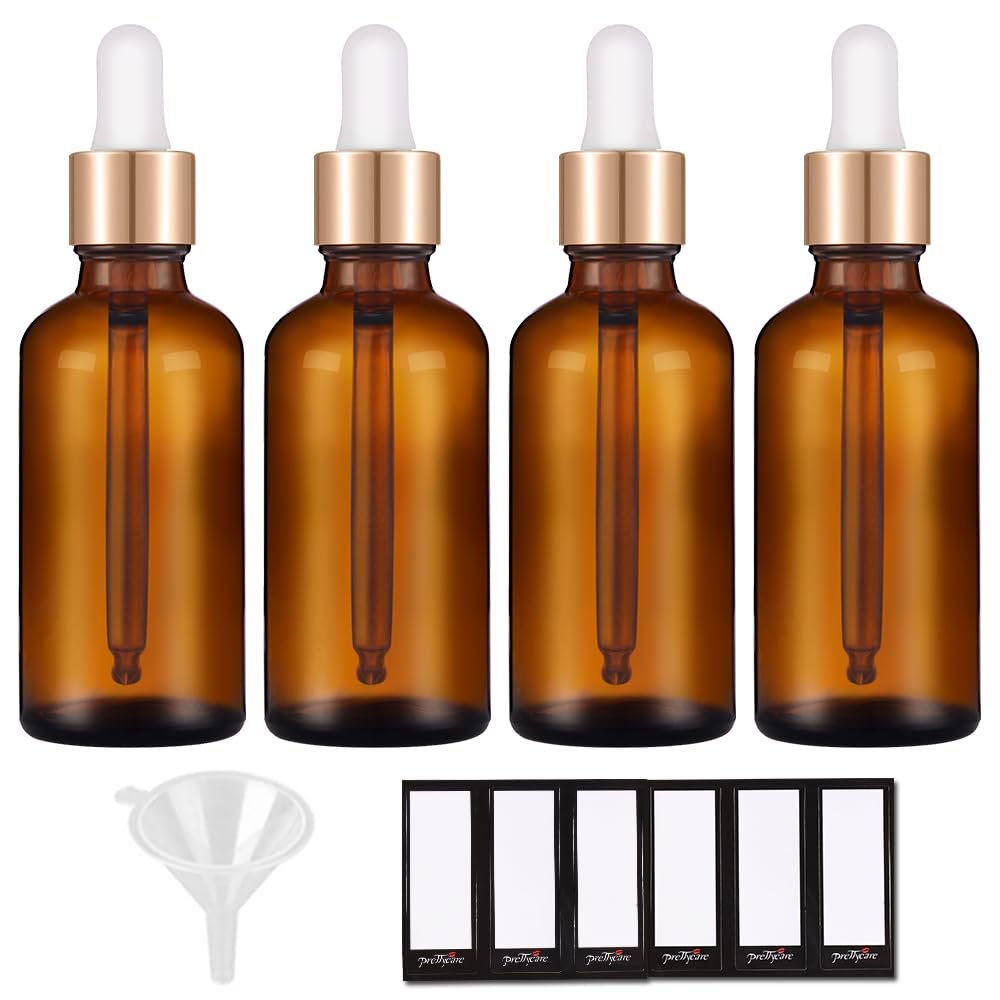 PrettyCare Glass Eye Dropper Bottles 24 Pack, 1oz (30ml) Clear Empty Thick Bottles Bulk with Leakproof Golden Caps - With Labels & Funnels for Storage, Travel, Essential Oils, Cuticle Oils, Tinctures