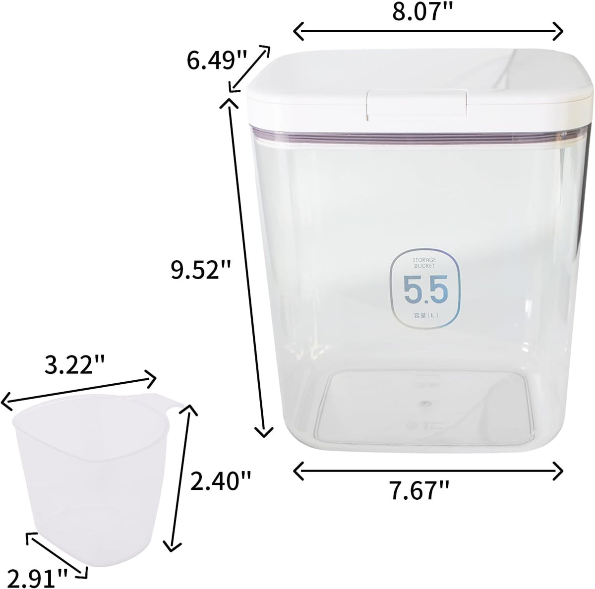 Airtight Rice Storage Bin Flour Storage Container 10 Lbs/5.81Qt, Clear Food Container with Measuring Cup Airtight Lid for Kitchen Pantry Organization and Storage