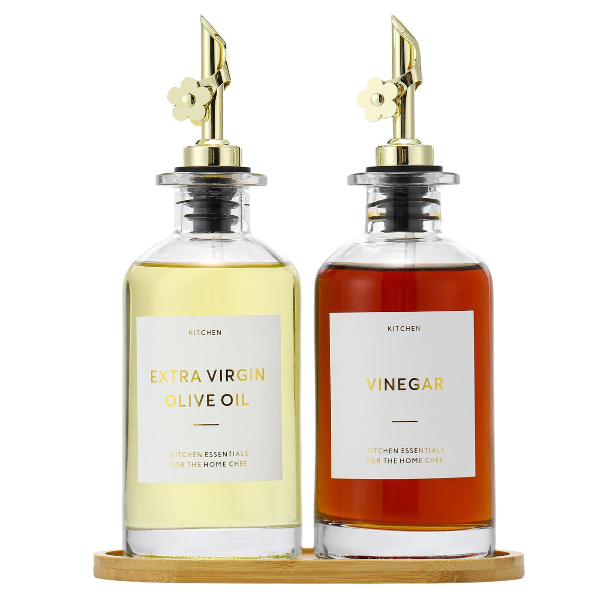 HOMCDALY Olive Oil Dispenser for Kitchen, 12oz Glass kitchen Dispenser Bottle, Gold Oil&Vinegar Cruet Set, Leakproof Oil Containers for Cooking| Set of 2 (12oz – Gold)