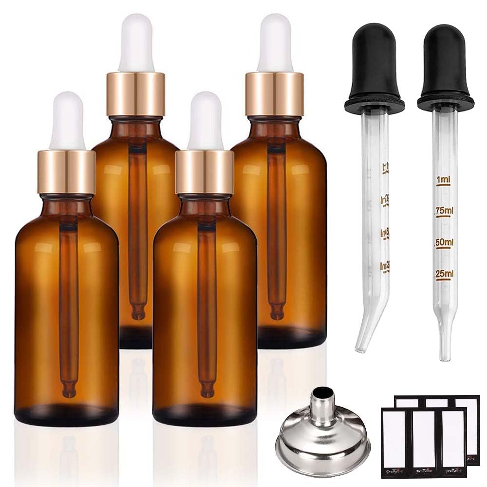 PrettyCare Glass Eye Dropper Bottles 24 Pack, 1oz (30ml) Clear Empty Thick Bottles Bulk with Leakproof Golden Caps - With Labels & Funnels for Storage, Travel, Essential Oils, Cuticle Oils, Tinctures