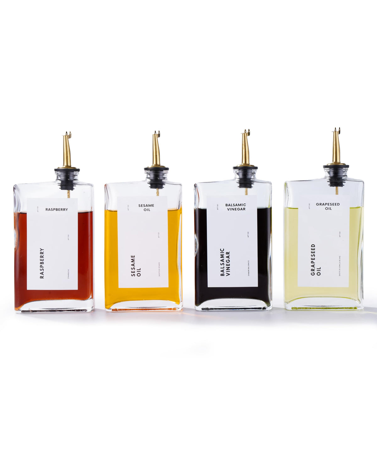 APT 1101 Olive Oil Dispenser for Kitchen, Cooking Oil and Vinegar Dispenser Set, Olive Oil Bottle, Soy sauce dispenser, coffee syrup bottles with stainless steel pourers (Silver, Set of 4)
