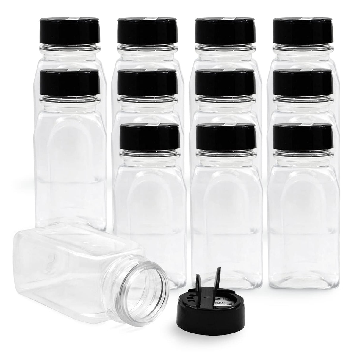 RoyalHouse 6 Pack 9.5 Oz Plastic Spice Jars with Black Cap, Clear and Safe Plastic Bottle Containers with Shaker Lids for Storing Spice, Herbs and Seasoning Powders, BPA Free, Made in USA