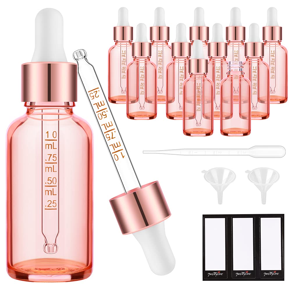 PrettyCare Glass Eye Dropper Bottles 24 Pack, 1oz (30ml) Clear Empty Thick Bottles Bulk with Leakproof Golden Caps - With Labels & Funnels for Storage, Travel, Essential Oils, Cuticle Oils, Tinctures