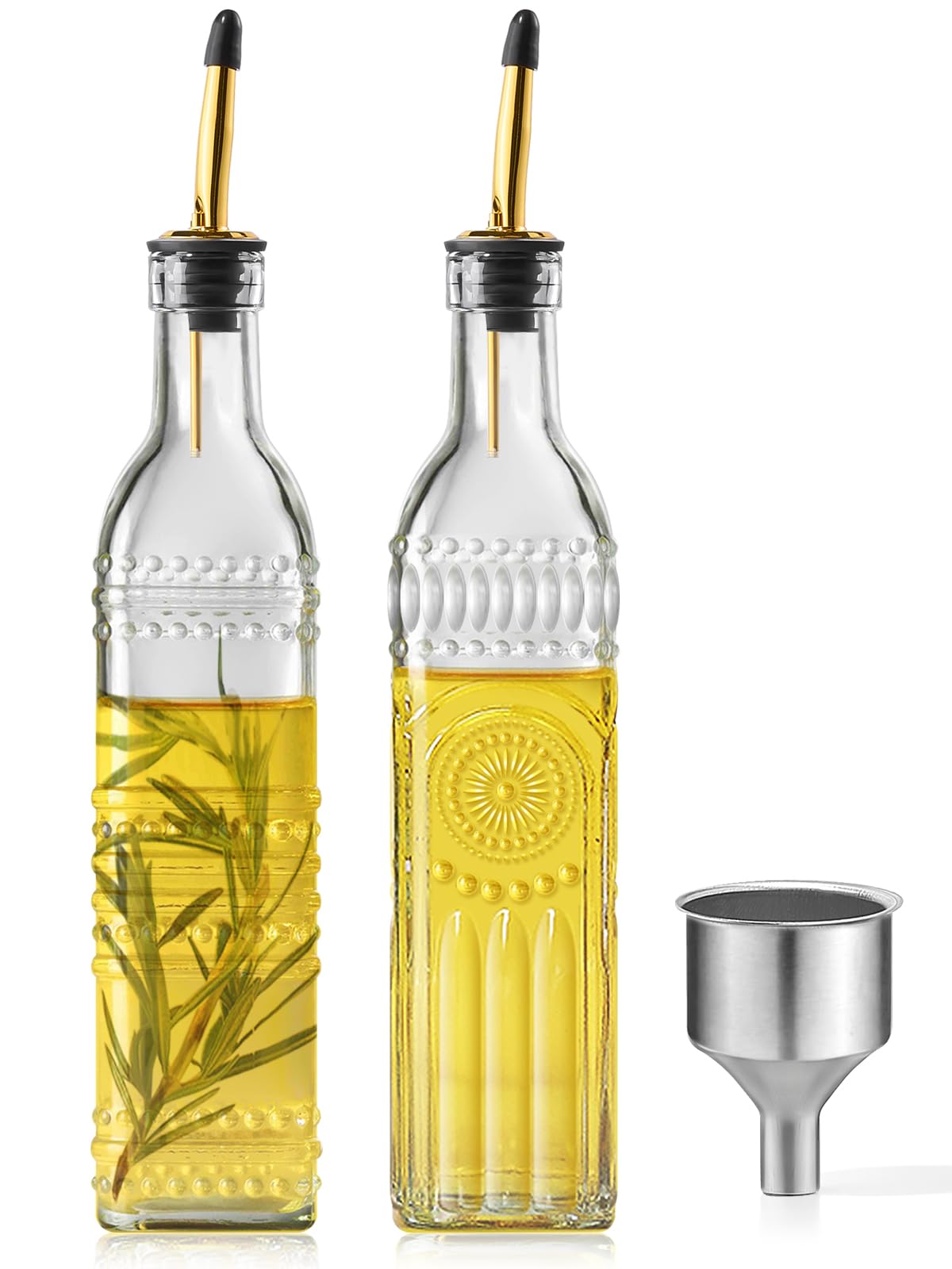 2 Pcs Olive Oil Dispenser Bottle for Kitchen,17oz Clear Glass Cooking Oil and Vinegar Dispenser Set, Coffee Syrup Dispenser with 2 Pourers and 1 Funnel (Two circles)