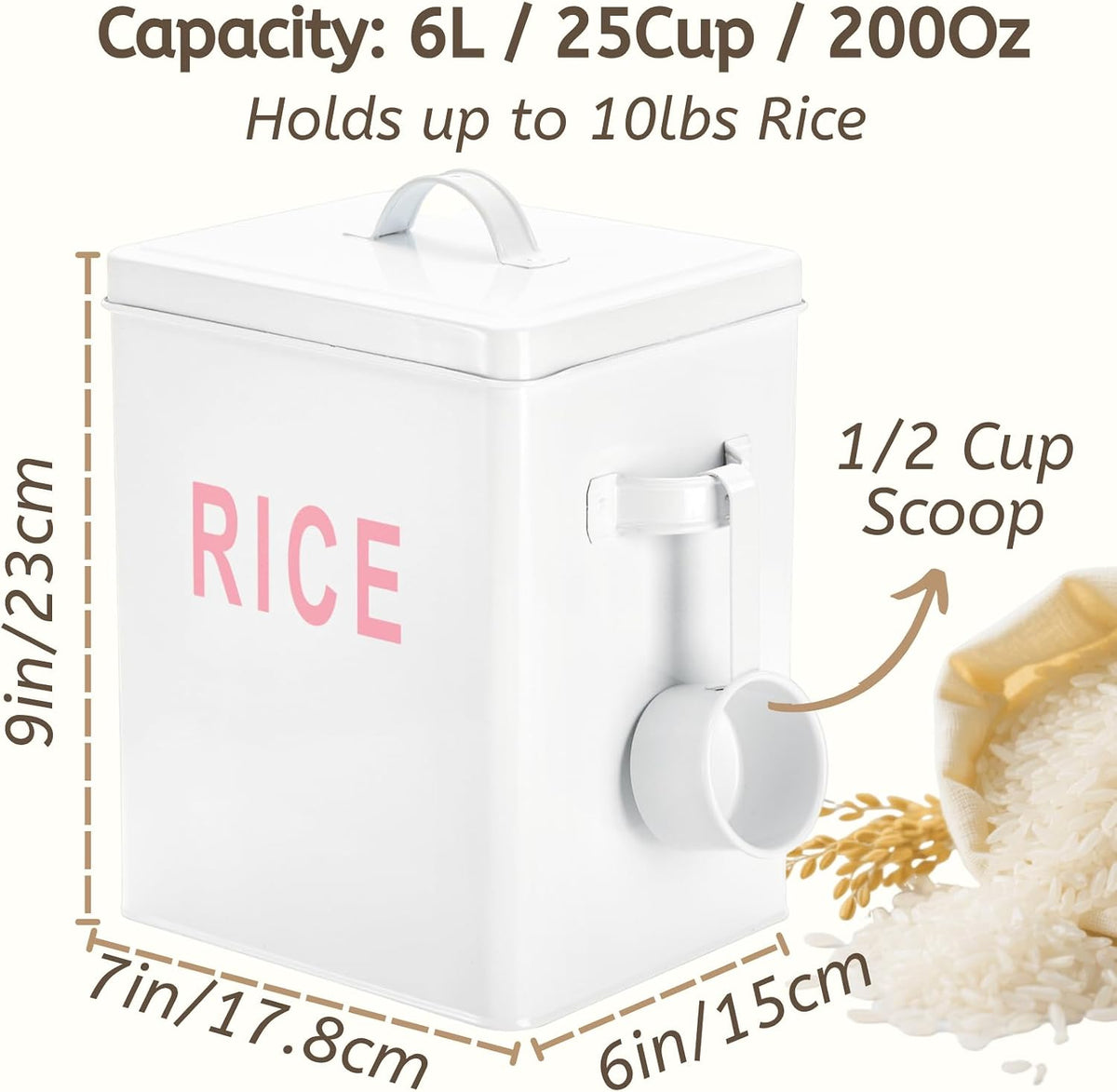 Youeon 10 Lbs Metal Rice Storage Container, Square Rice Canister with Lid and Measuring Scoop, Countertop Sealed Food Storage Container for Cereal, Beans, Pet Food, White
