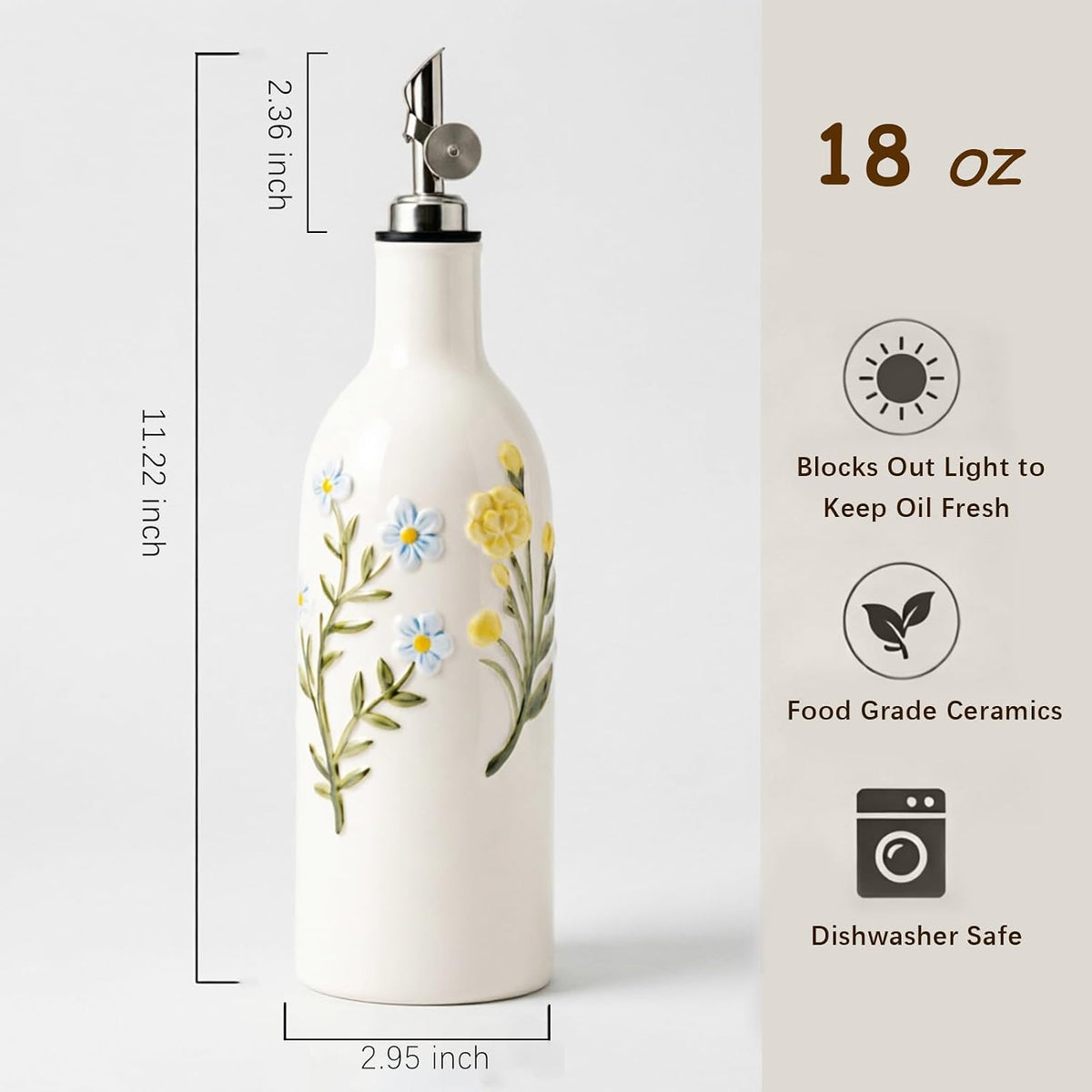 Ceramic Olive Oil Dispenser Bottle with Spout, 18 OZ, Flower