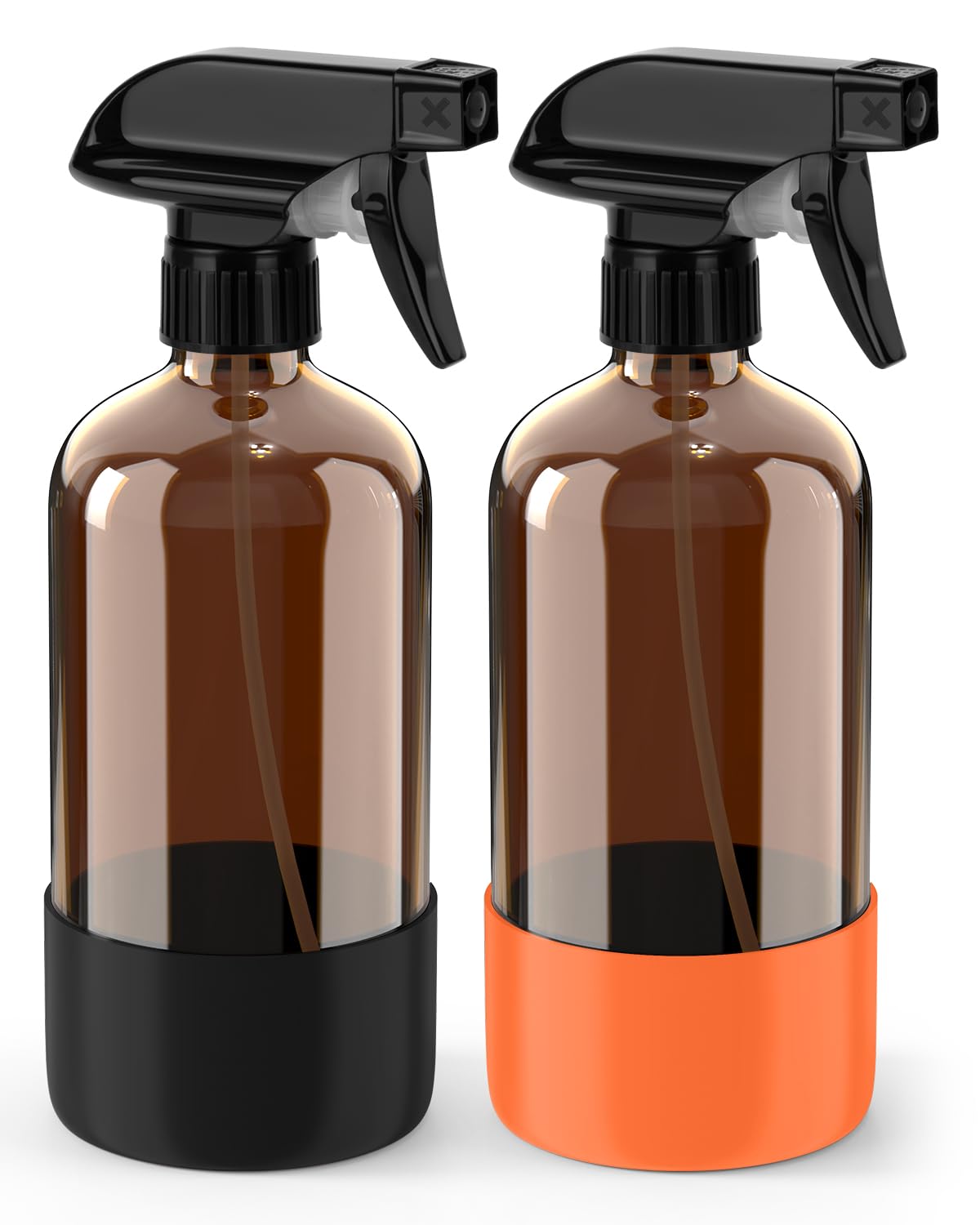 Bontip Glass Spray Bottle with Silicone Sleeve Protection, Amber Glass Spray Bottle Set for Window Cleaner Aromatherapy Facial Hydration Watering Flowers Hair Care 2 Pack/16 oz (Black & Brown)