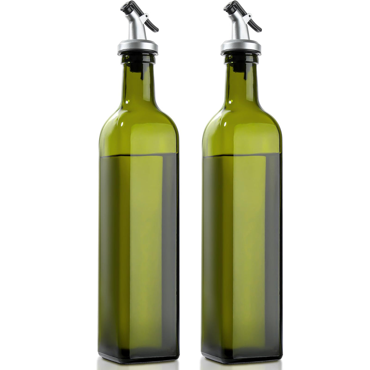 gmisun Oil and Vinegar Dispenser Bottles Set, 2 Pack 17 Fl Oz Olive Oil Dispensers Bottle for Kitchen, Clear Glass Cooking Vegetable Oil Container Cruet Set with Plastic Pourer Spout & Labels