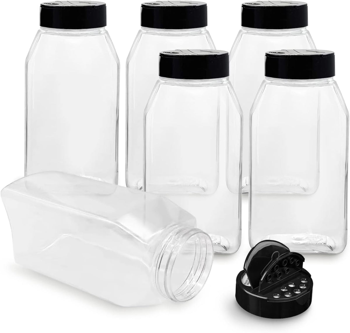 Plastic Spice Jars Bottle Containers with Black Cap, 32 Oz, 6 PACK