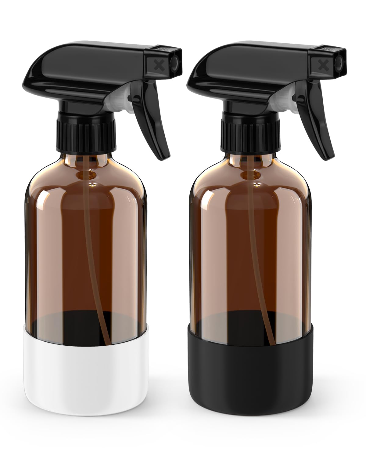Bontip Glass Spray Bottle with Silicone Sleeve Protection, Amber Glass Spray Bottle Set for Window Cleaner Aromatherapy Facial Hydration Watering Flowers Hair Care 2 Pack/16 oz (Black & Brown)