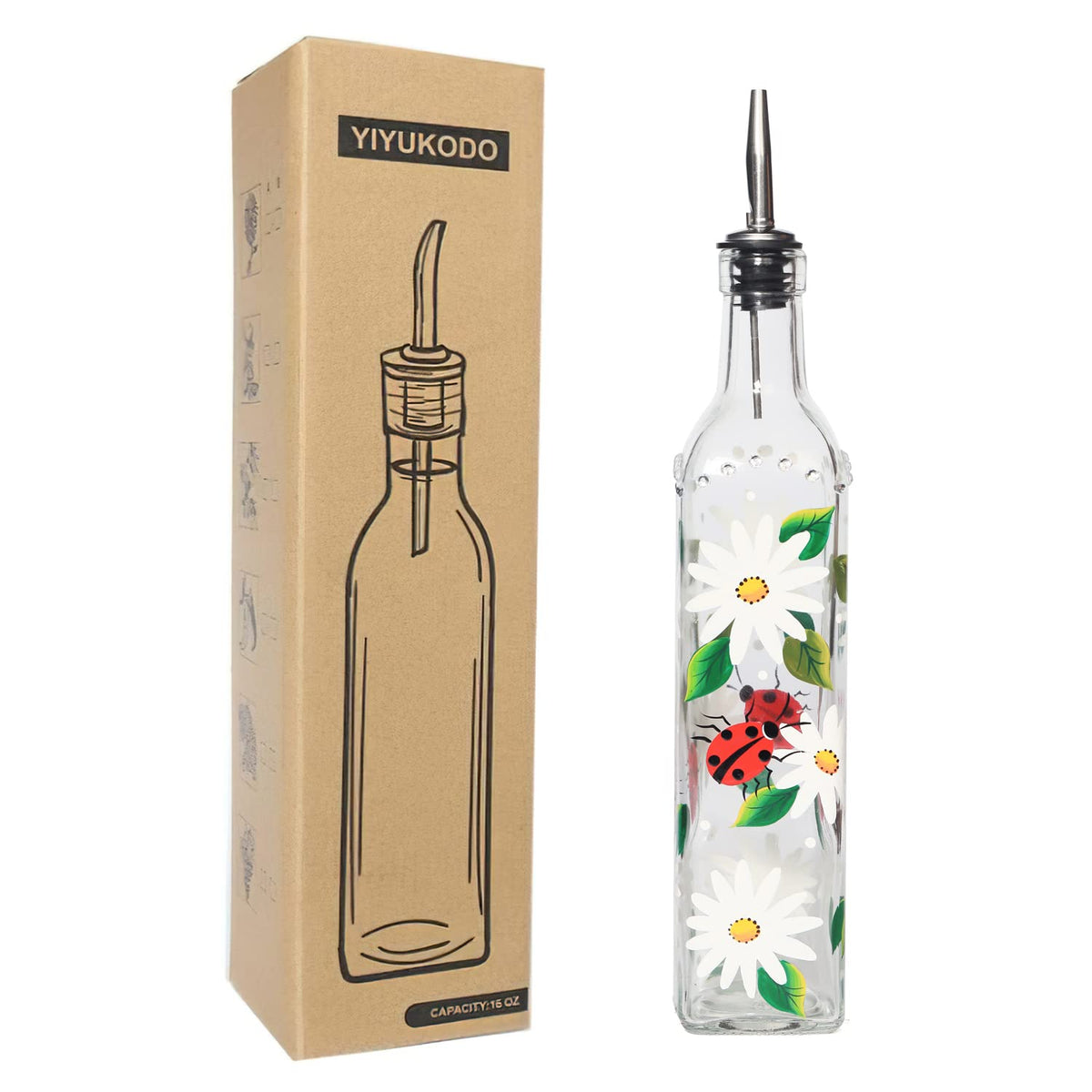 17oz Hand Painted Glass Olive Oil Bottle Dispenser - 500ml Green Oil & Vinegar Cruet with Pourers - Olive Oil Carafe Decanter for Kitchen (olive2)