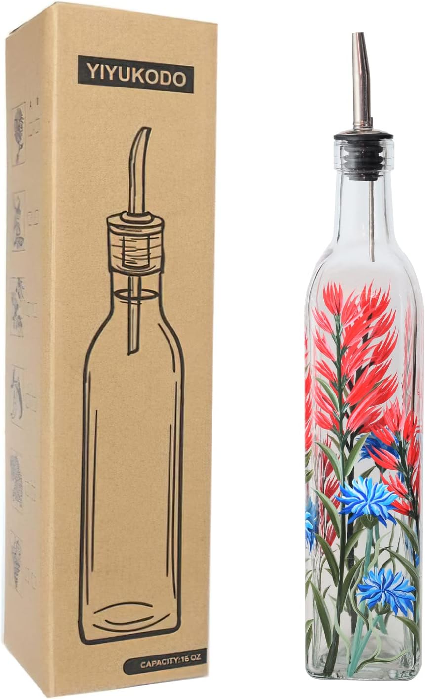 17oz Hand Painted Glass Olive Oil Bottle Dispenser - 500ml Green Oil & Vinegar Cruet with Pourers - Olive Oil Carafe Decanter for Kitchen (olive2)