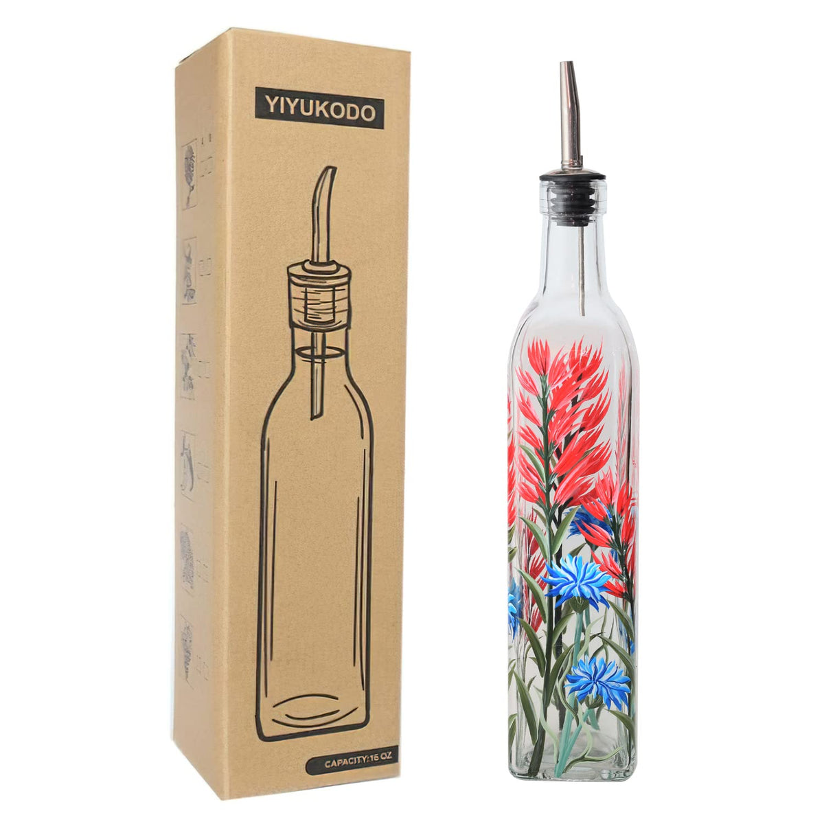 17oz Hand Painted Glass Olive Oil Bottle Dispenser - 500ml Green Oil & Vinegar Cruet with Pourers - Olive Oil Carafe Decanter for Kitchen (olive2)