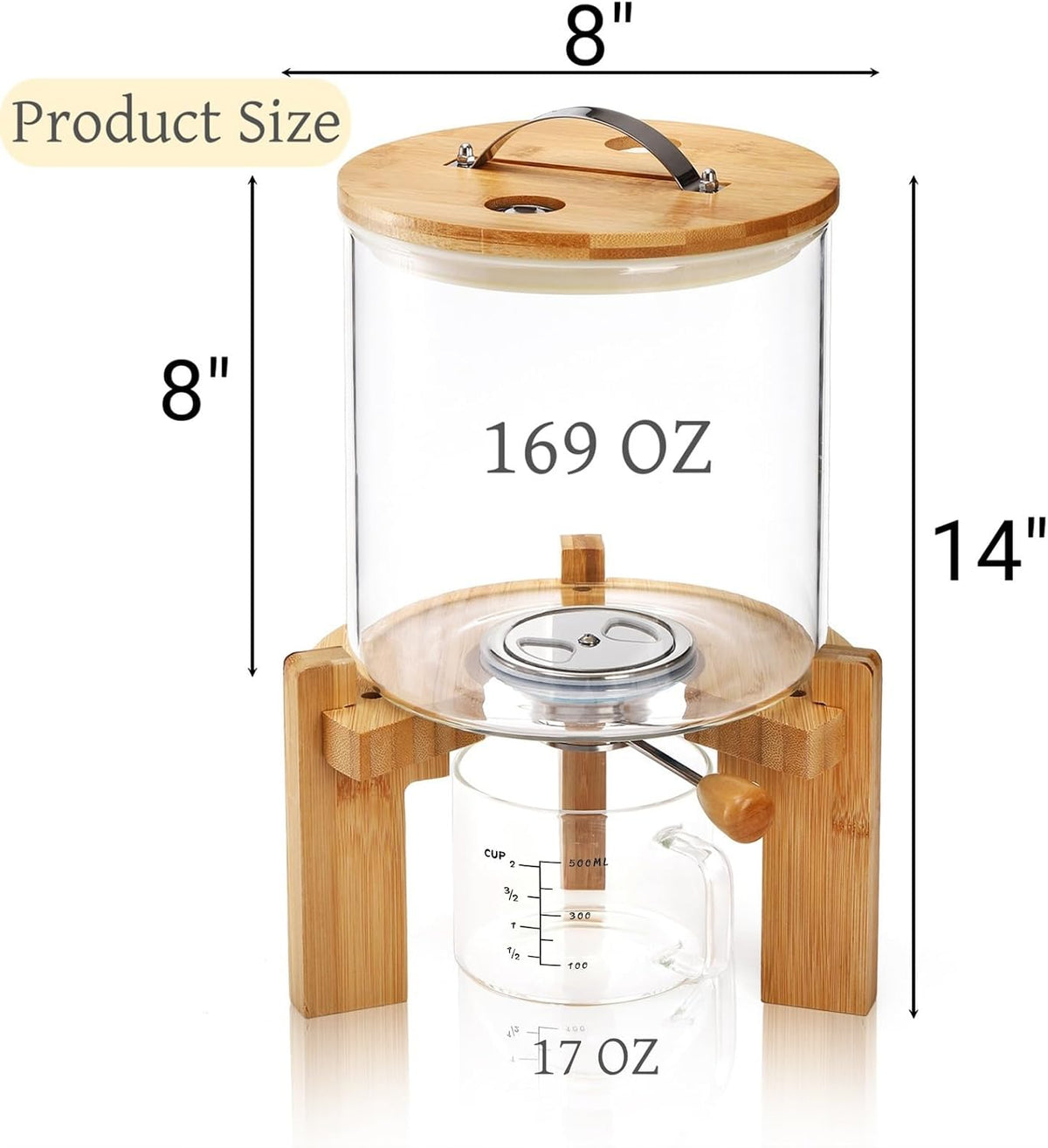 Tlence 5L Glass Rice Dispenser, Cereal Container with Bamboo Stand, Large Airtight Food Storage Bin, Rice Organization Tank with Measuring Cup for Grain Coffee Beans Dry Food