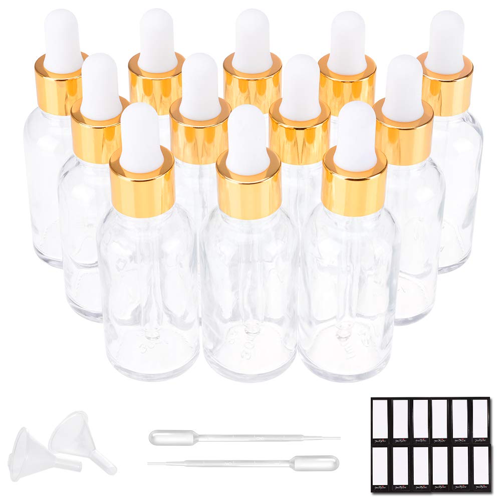 PrettyCare Glass Eye Dropper Bottles 24 Pack, 1oz (30ml) Clear Empty Thick Bottles Bulk with Leakproof Golden Caps - With Labels & Funnels for Storage, Travel, Essential Oils, Cuticle Oils, Tinctures