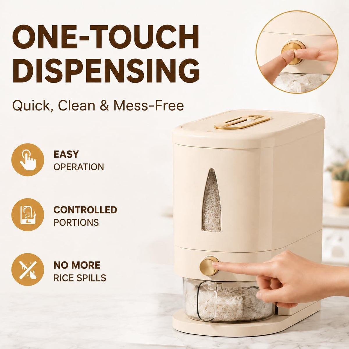 Airtight Rice Dispenser, 11lbs/22lbs Dry Food Storage Container with One-Touch Dispensing, Moisture-Proof Grain Bin with Measuring Cup for Kitchen, Countertop Organization