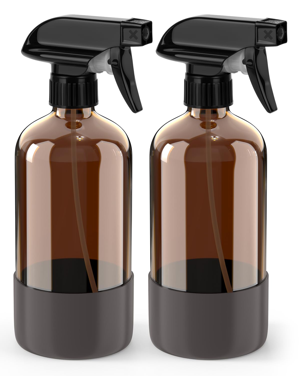 Bontip Glass Spray Bottle with Silicone Sleeve Protection, Amber Glass Spray Bottle Set for Window Cleaner Aromatherapy Facial Hydration Watering Flowers Hair Care 2 Pack/16 oz (Black & Brown)