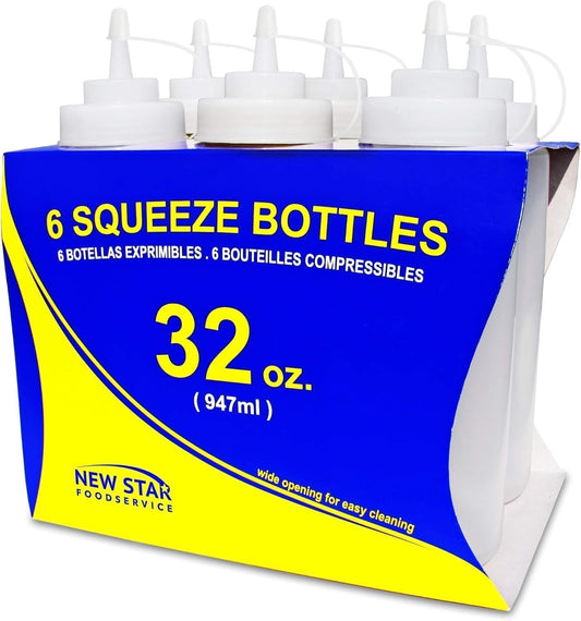 New Star Foodservice Plastic Squeeze Bottles, 32oz, Clear, 6 pk
