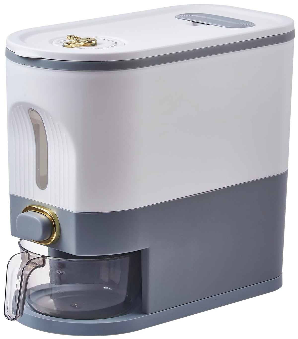 Sooyee 11 Lbs Rice Container with Measuring Cup, White and Grey