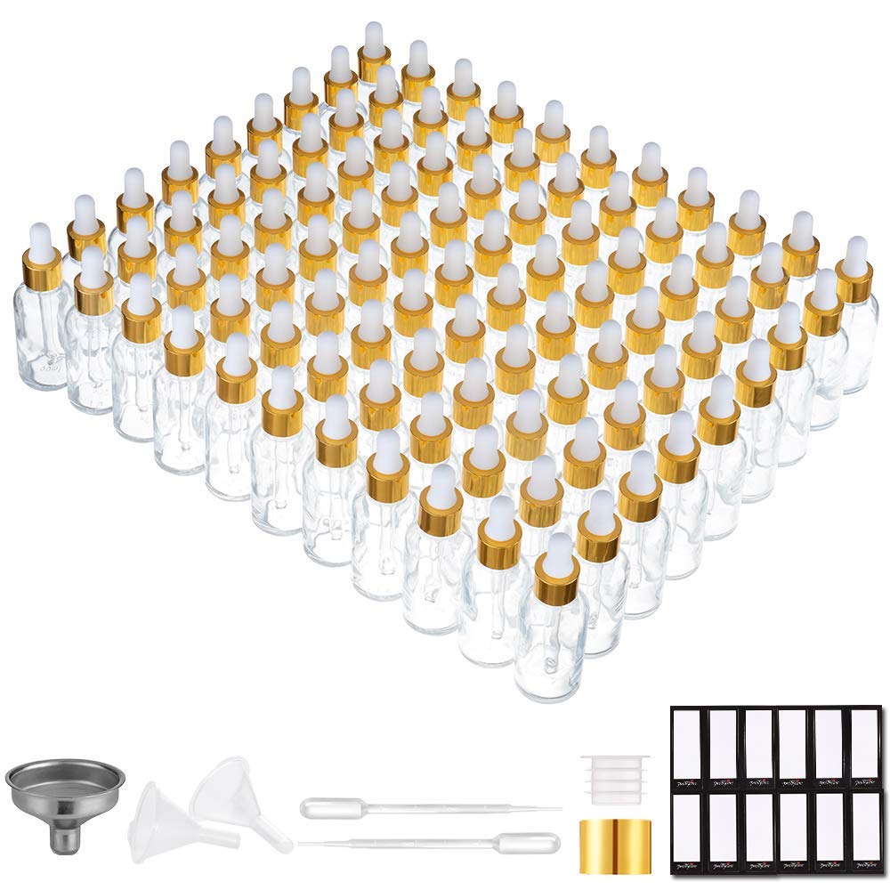 PrettyCare Glass Eye Dropper Bottles 24 Pack, 1oz (30ml) Clear Empty Thick Bottles Bulk with Leakproof Golden Caps - With Labels & Funnels for Storage, Travel, Essential Oils, Cuticle Oils, Tinctures