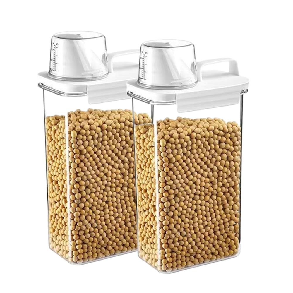 2Pcs Rice Dispenser Storage Containers, 1.1L Small Rice Bucket with Measuring Cup & Pour Spout, Kitchen Plastic Airtight Container for Cereal, Grain, Flour, Sugar, Oatmeal, Dry Pet Dog Food