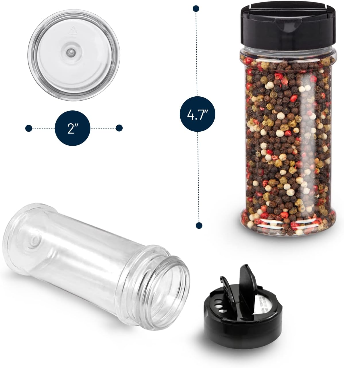 Plastic Spice Jars Bottle Containers with Black Cap, 5.5Oz, 6 Pack
