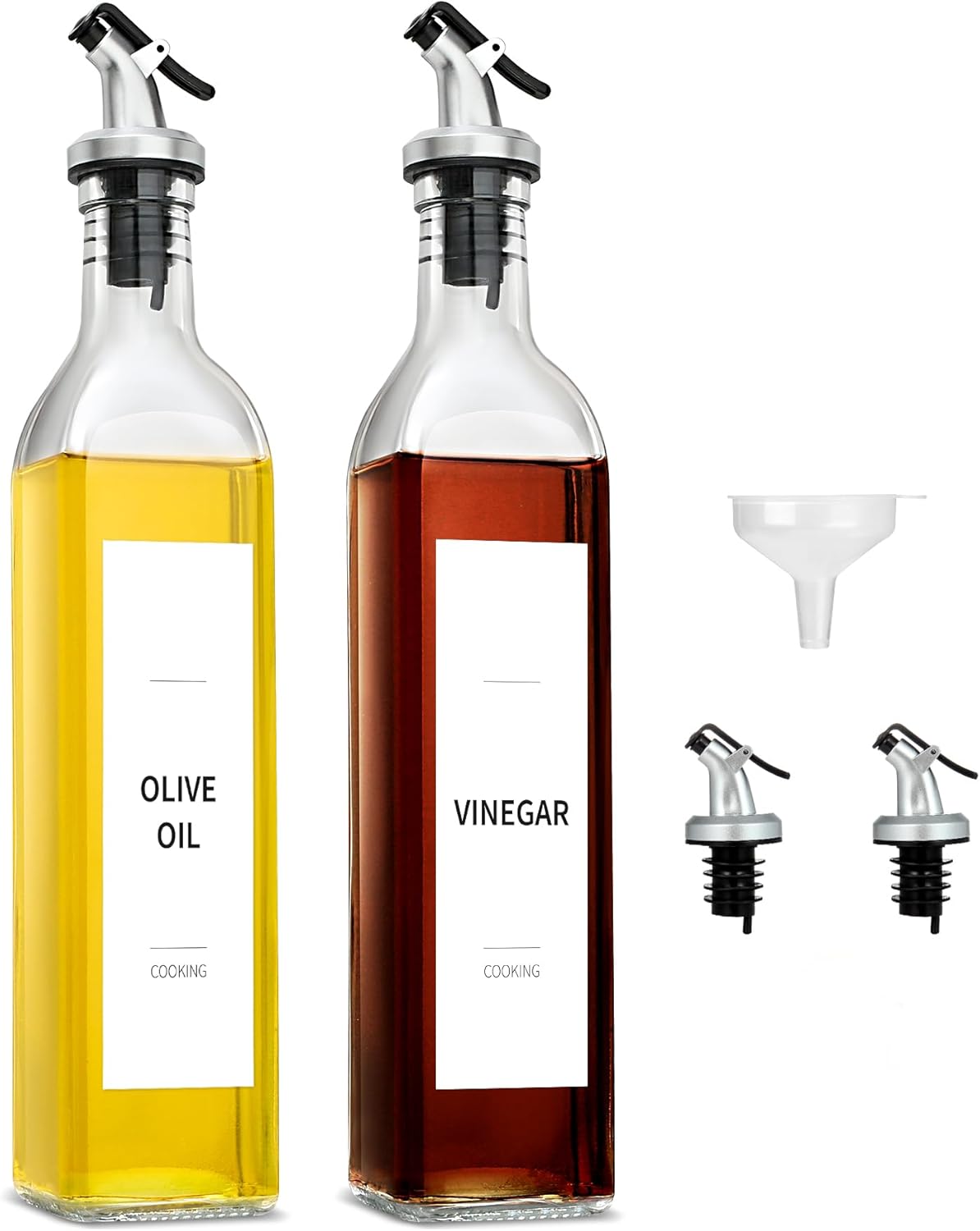 gmisun Oil and Vinegar Dispenser Bottles Set, 2 Pack 17 Fl Oz Olive Oil Dispensers Bottle for Kitchen, Clear Glass Cooking Vegetable Oil Container Cruet Set with Plastic Pourer Spout & Labels