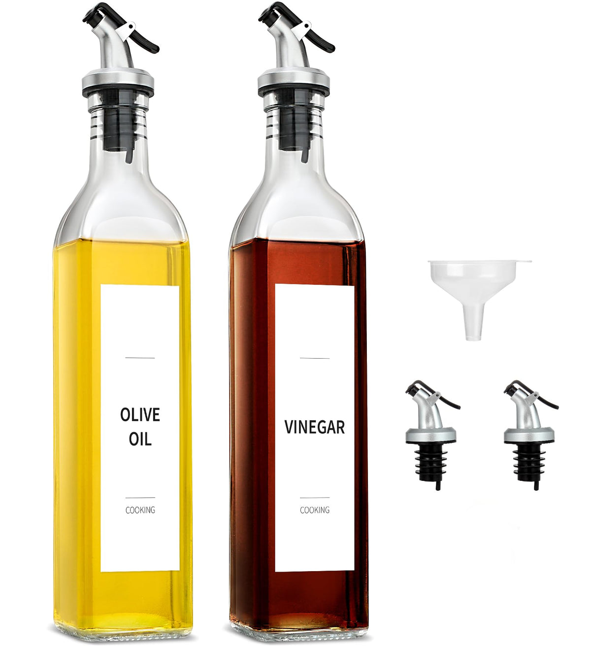 gmisun Oil and Vinegar Dispenser Bottles Set, 2 Pack 17 Fl Oz Olive Oil Dispensers Bottle for Kitchen, Clear Glass Cooking Vegetable Oil Container Cruet Set with Plastic Pourer Spout & Labels