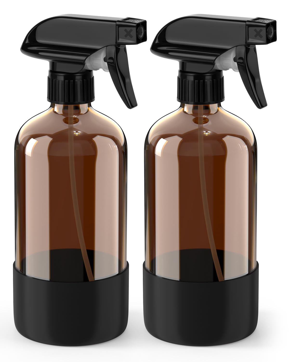 Bontip Glass Spray Bottle with Silicone Sleeve Protection, Amber Glass Spray Bottle Set for Window Cleaner Aromatherapy Facial Hydration Watering Flowers Hair Care 2 Pack/16 oz (Black & Brown)