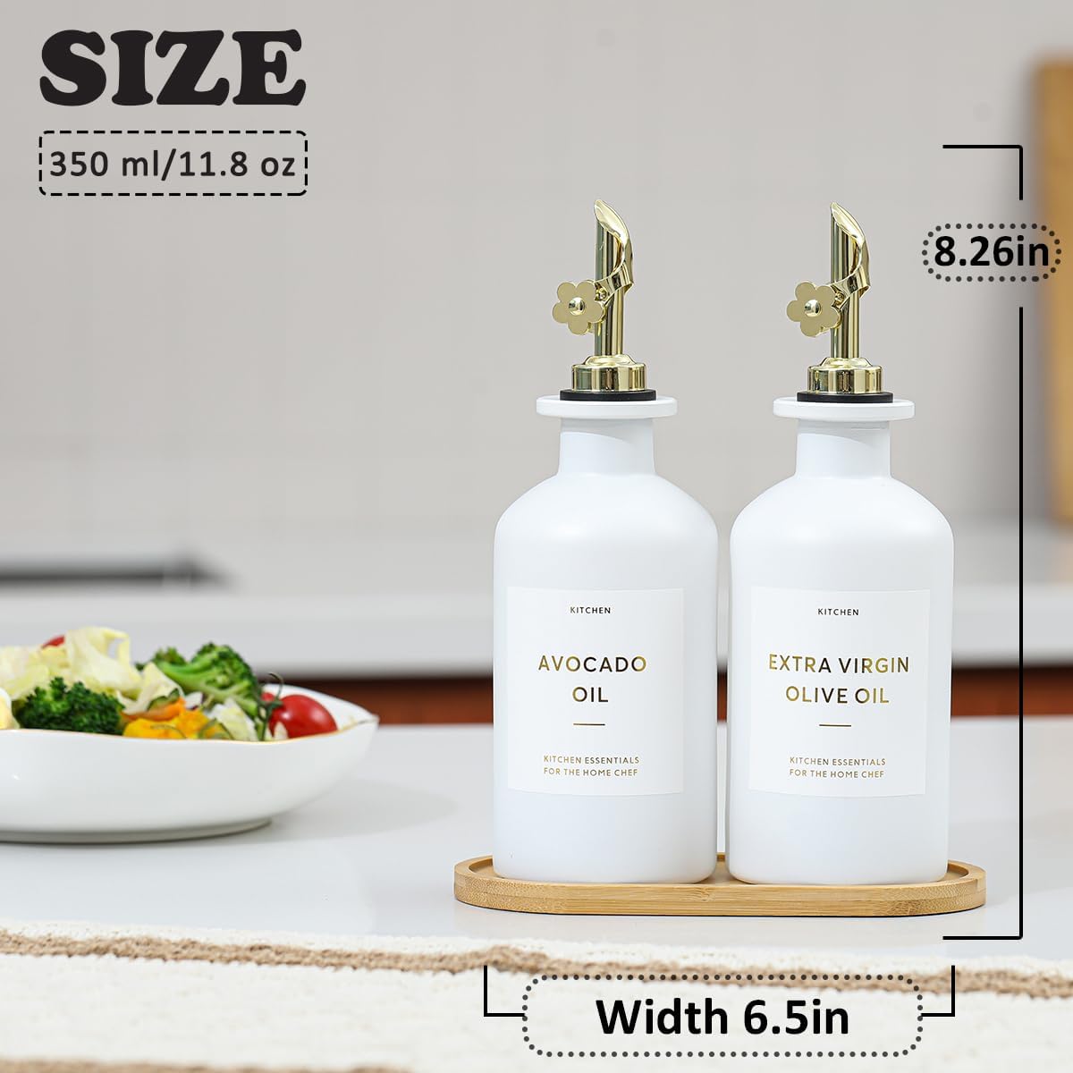 HOMCDALY Olive Oil Dispenser for Kitchen, 12oz Glass kitchen Dispenser Bottle, Gold Oil&Vinegar Cruet Set, Leakproof Oil Containers for Cooking| Set of 2 (12oz – Gold)