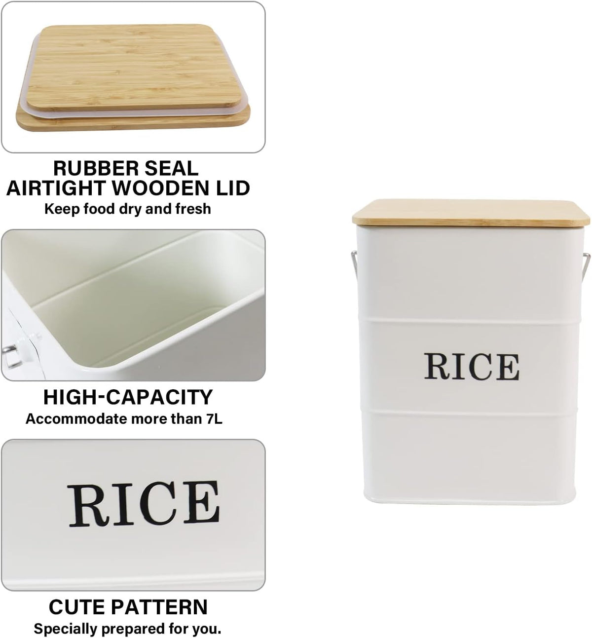 Rice Container Metal Rice Storage Bin, Rice Storage Box with Airtight Bamboo Lid & Scoop, Food Storage Container for Rice Flour Soybean Grain Cereal (White)