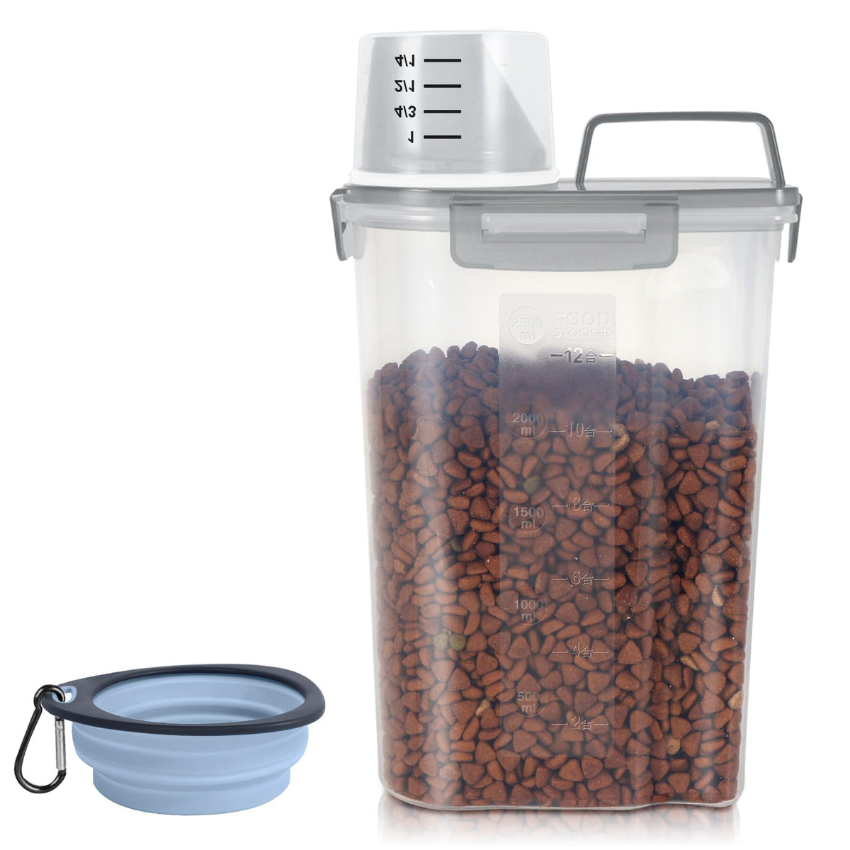 LEAWALK 3-5Lbs/3Qt Dog Cat Food Storage Container With Foldable Bowl., Plastic Pet Food Dispenser for Small Animal Kibble/Pet Food/Bird Seed/Oatmeal/Rice/Flour/Brown Sugart/Cereals (Clear Grey)