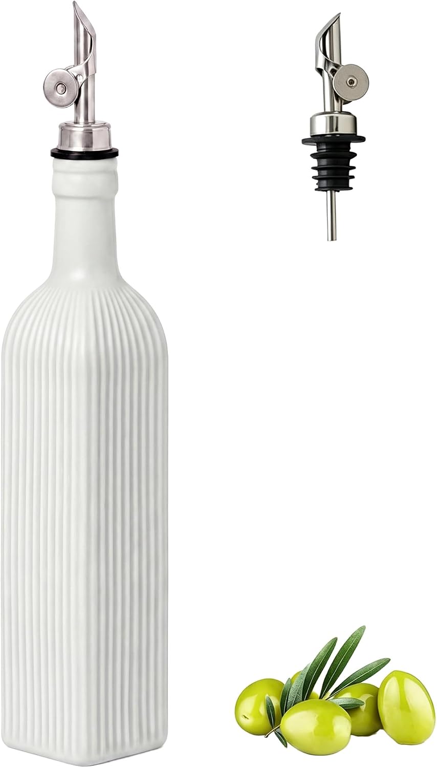 Ceramic Olive Oil Dispenser Bottle with Pourer for Kitchen, 18 oz, white