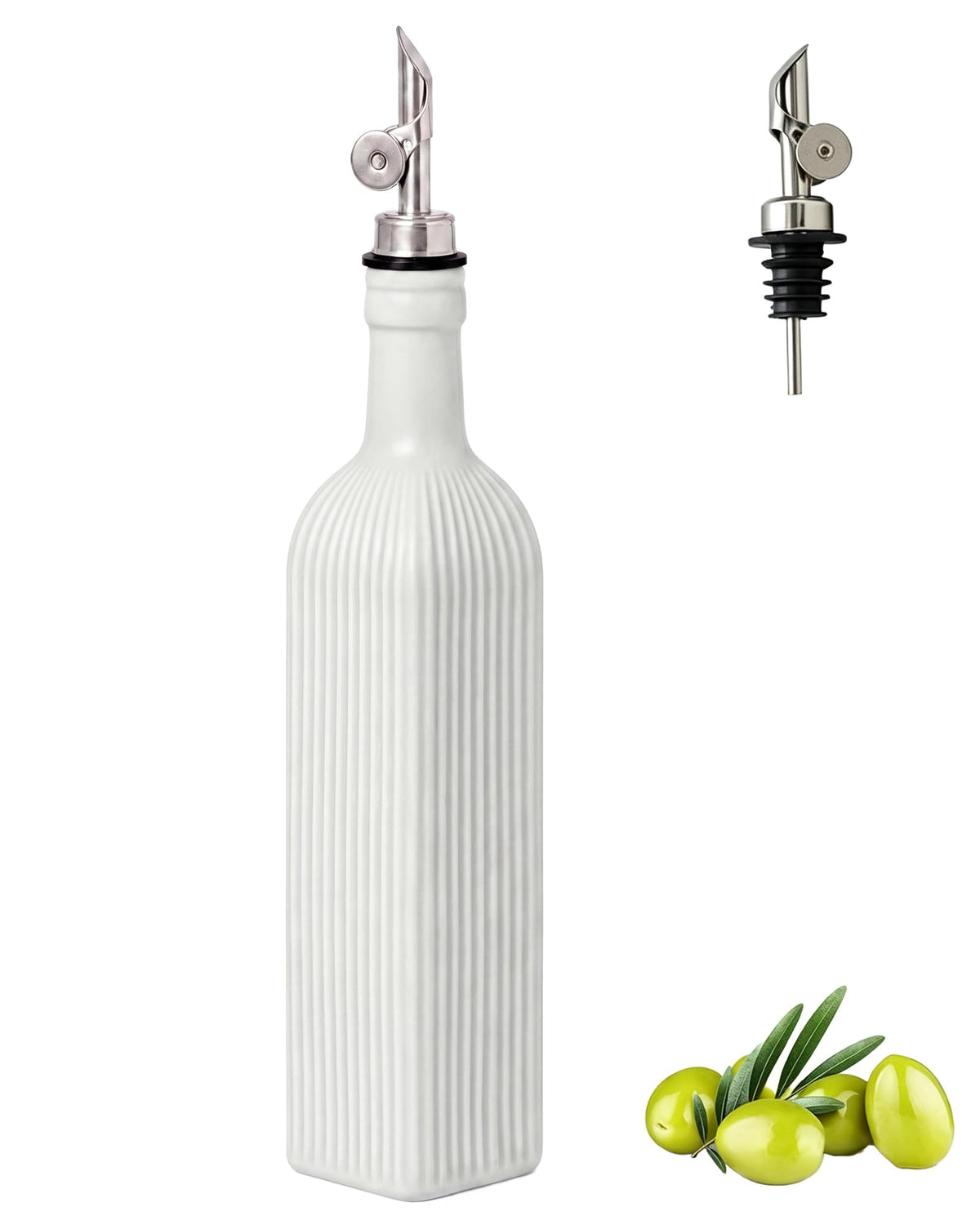 Ceramic Olive Oil Dispenser Bottle with Pourer for Kitchen, 18 oz, white