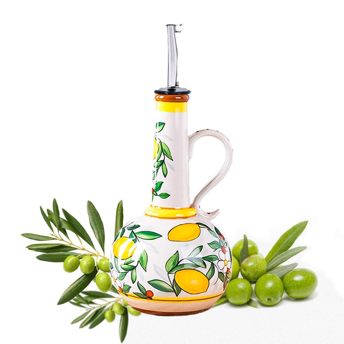 18 oz Ceramic Olive Oil Dispenser Bottle for Kitchen, Large Capacity Oli and Vinegar Cruet with Stainless Steel Spout, 540 ml Oil Container with Handle for Cooking Preventing, Vinegar Cruet