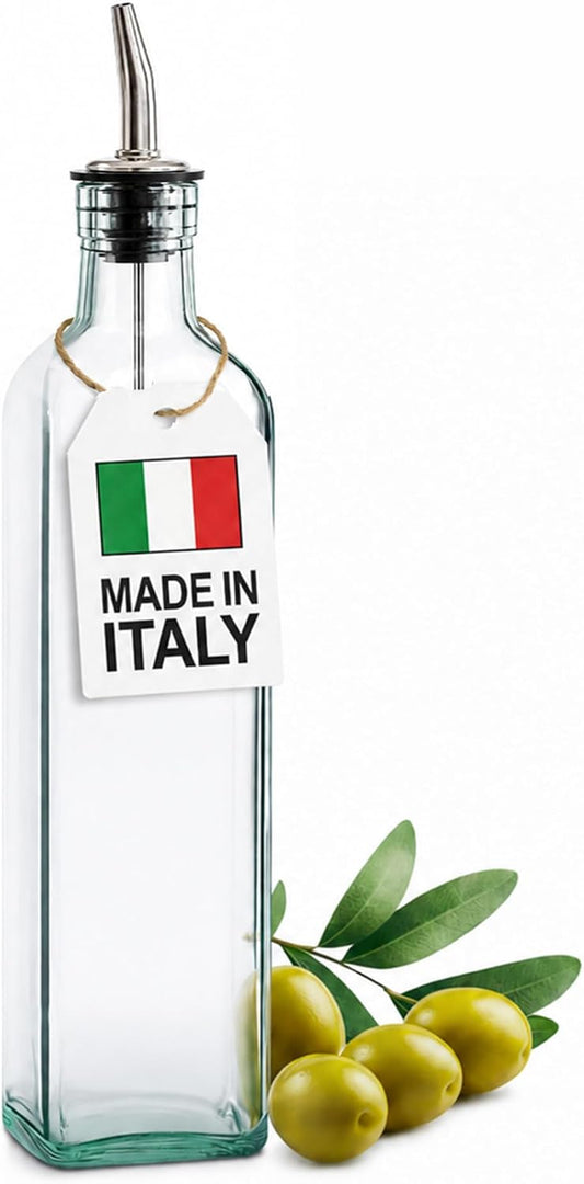 Olive Oil Dispenser Bottle - 16 oz, Made in Italy Glass Olive Oil and Vinegar Cruet with Stainless Steel Spout for Kitchen, Slight Green Tint (2, 473 ml)