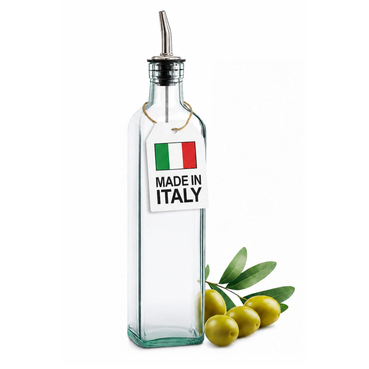 Olive Oil Dispenser Bottle - 16 oz, Made in Italy Glass Olive Oil and Vinegar Cruet with Stainless Steel Spout for Kitchen, Slight Green Tint (2, 473 ml)