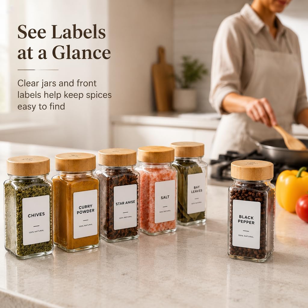 EHME EHME EHME 14 Pcs Glass Spice Jars Bamboo Lids with Lazy Susan Turntable Set, 10 Inch Non-Skid Lazy Susan Seasoning Containers Organization for Kitchen Cabinet Countertop, Spice Label Included.