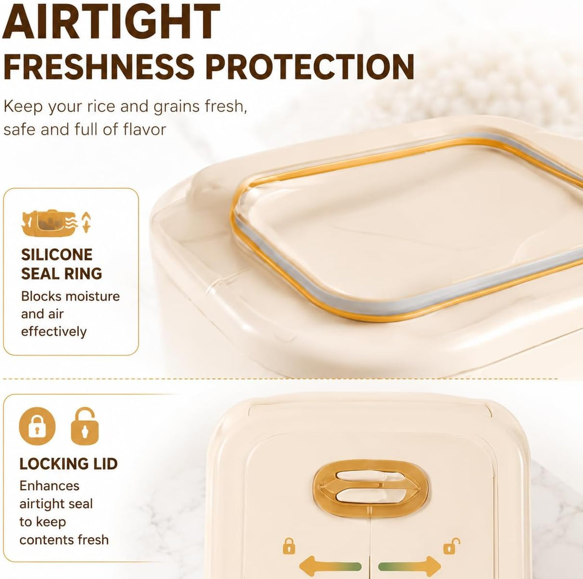 Airtight Rice Dispenser, 11lbs/22lbs Dry Food Storage Container with One-Touch Dispensing, Moisture-Proof Grain Bin with Measuring Cup for Kitchen, Countertop Organization