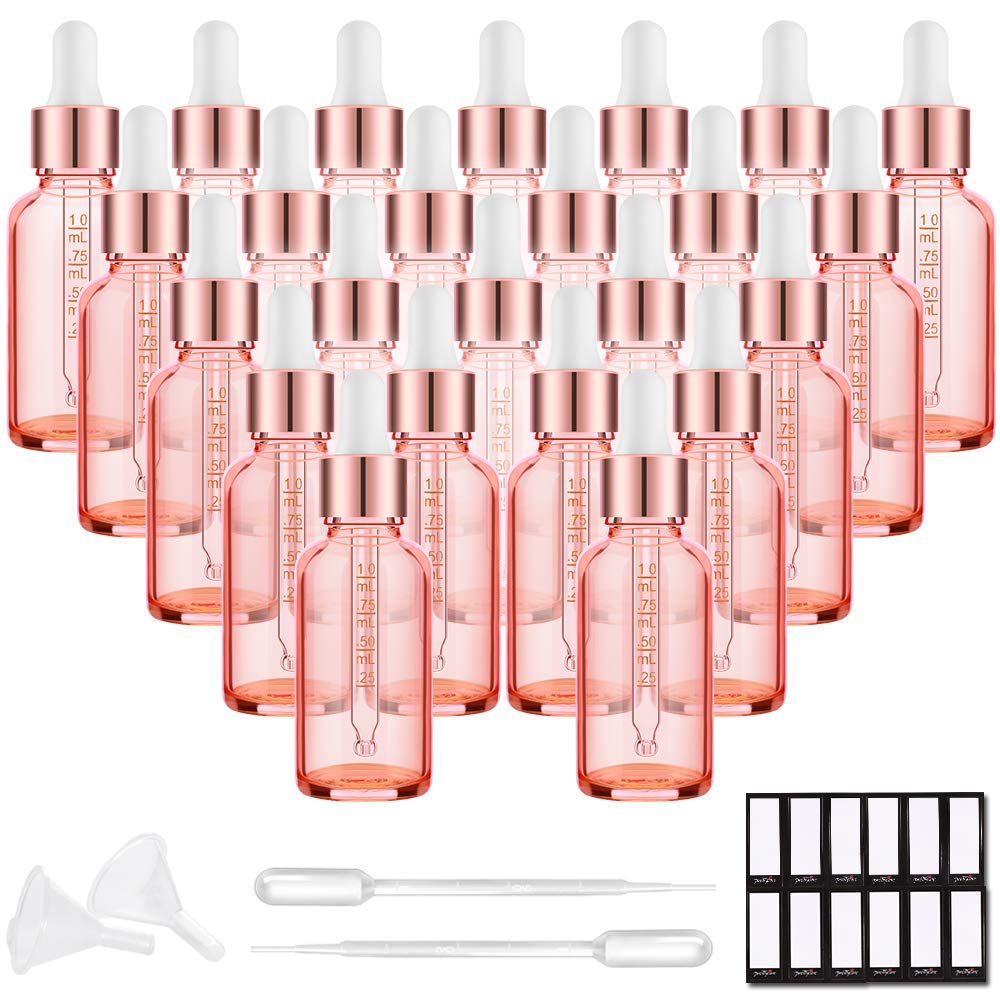 PrettyCare Glass Eye Dropper Bottles 24 Pack, 1oz (30ml) Clear Empty Thick Bottles Bulk with Leakproof Golden Caps - With Labels & Funnels for Storage, Travel, Essential Oils, Cuticle Oils, Tinctures