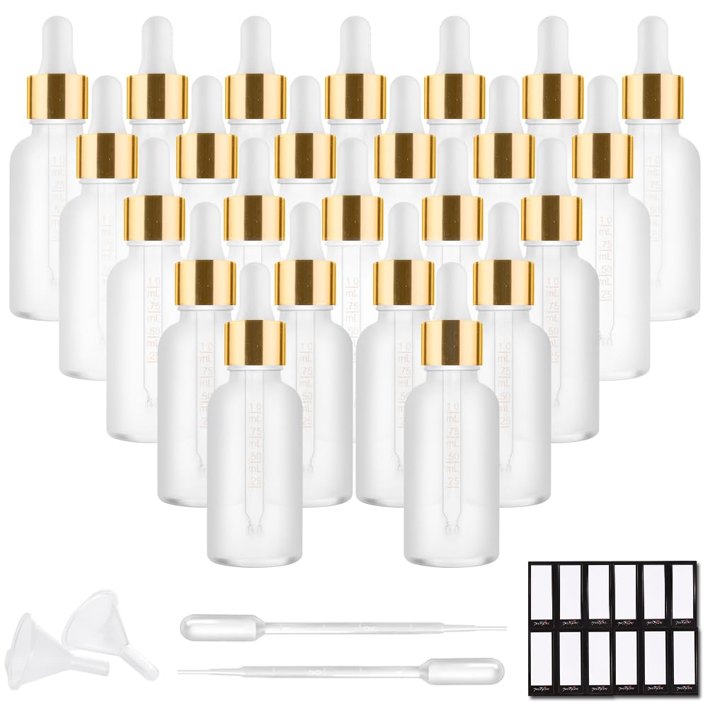 PrettyCare Glass Eye Dropper Bottles 24 Pack, 1oz (30ml) Clear Empty Thick Bottles Bulk with Leakproof Golden Caps - With Labels & Funnels for Storage, Travel, Essential Oils, Cuticle Oils, Tinctures