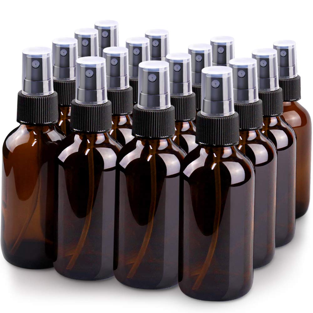 Wedama Spray Bottle, 2 oz Fine Mist Glass Spray Bottles, Little Refillable Liquid Containers for Watering Flowers Cleaning (16 Pack, Amber)